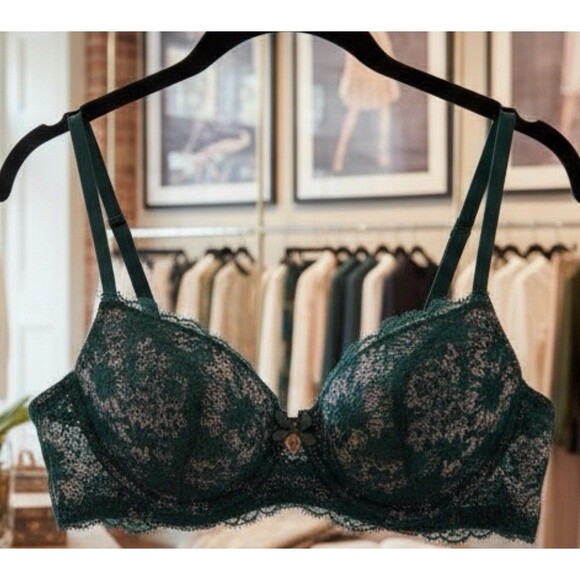 Victoria's Secret BODY BY VICTORIA Lace Demi Bra 34DDD Emerald Green Gold Flake - Picture 1 of 9